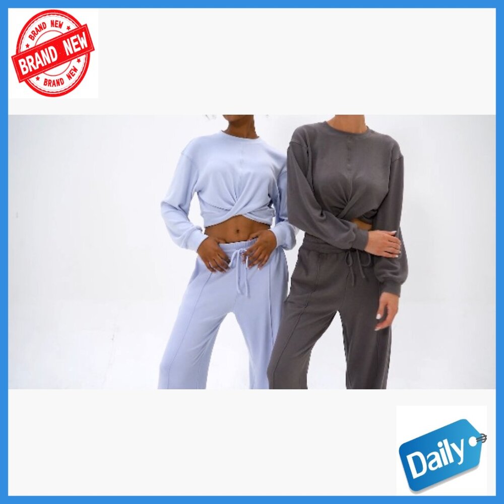 Large 2-Piece Tracksuit Set, Cropped Sweatshirt & Wide Leg Sweatpants, Athletic - Picture 7 of 7